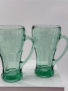 Coca Cola Seafoam Green Embossed Glass Mugs, Pair